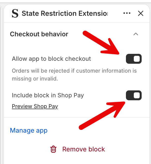 Adding the checkout-growing-restrictions extension with "Allow this app to block checkout" turned On