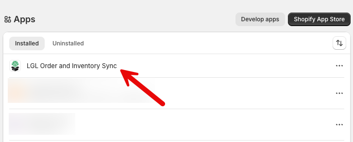 The LGL Order and Inventory Sync app in your Shopify admin Apps menu