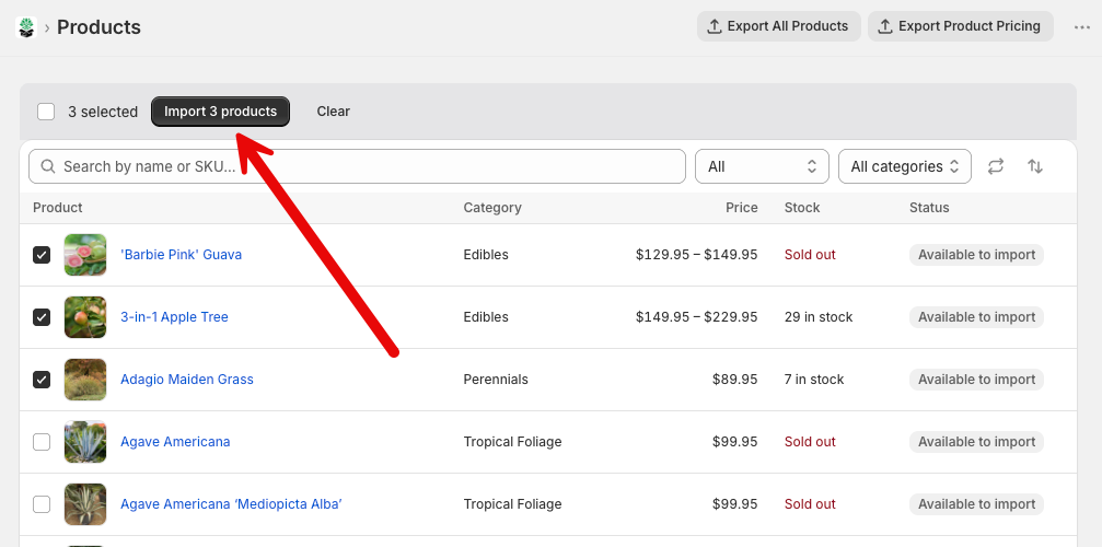 Bulk import with products selected and the progress window