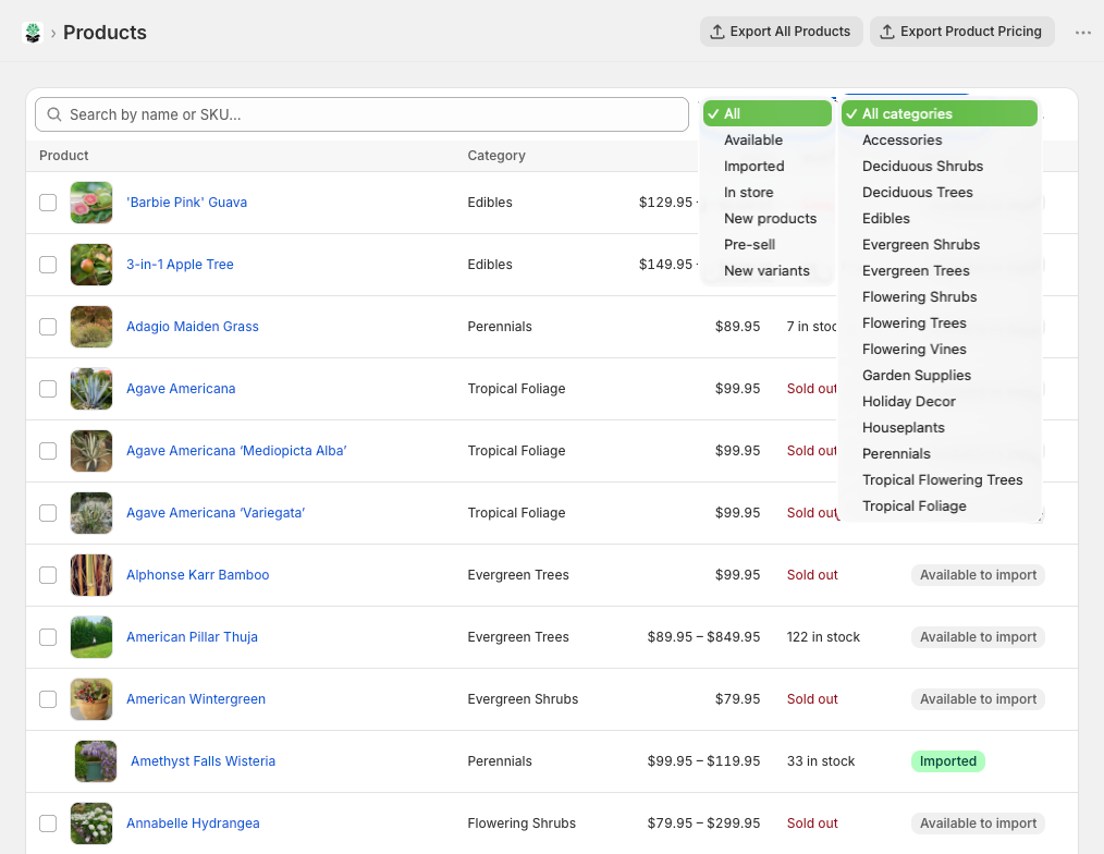 The Products catalog with search, category filter, and tabs