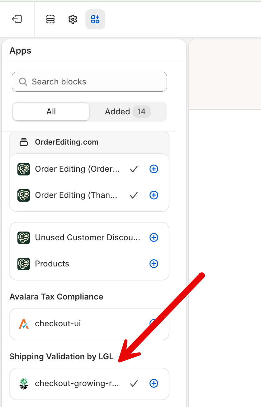 The Apps panel with the checkout-growing-restrictions block