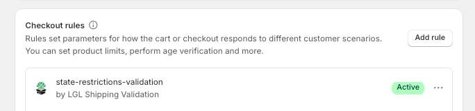 The state-restrictions-validation rule showing Active under Checkout rules