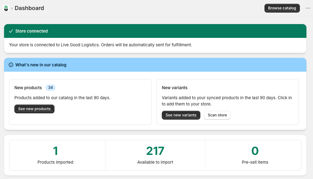 The app Dashboard with stat tiles, What's New, and the order lookup