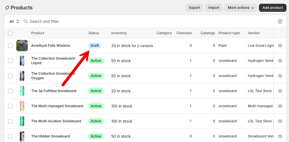 A freshly imported product in Shopify admin, in Draft status, stocked at LGL Fulfillment