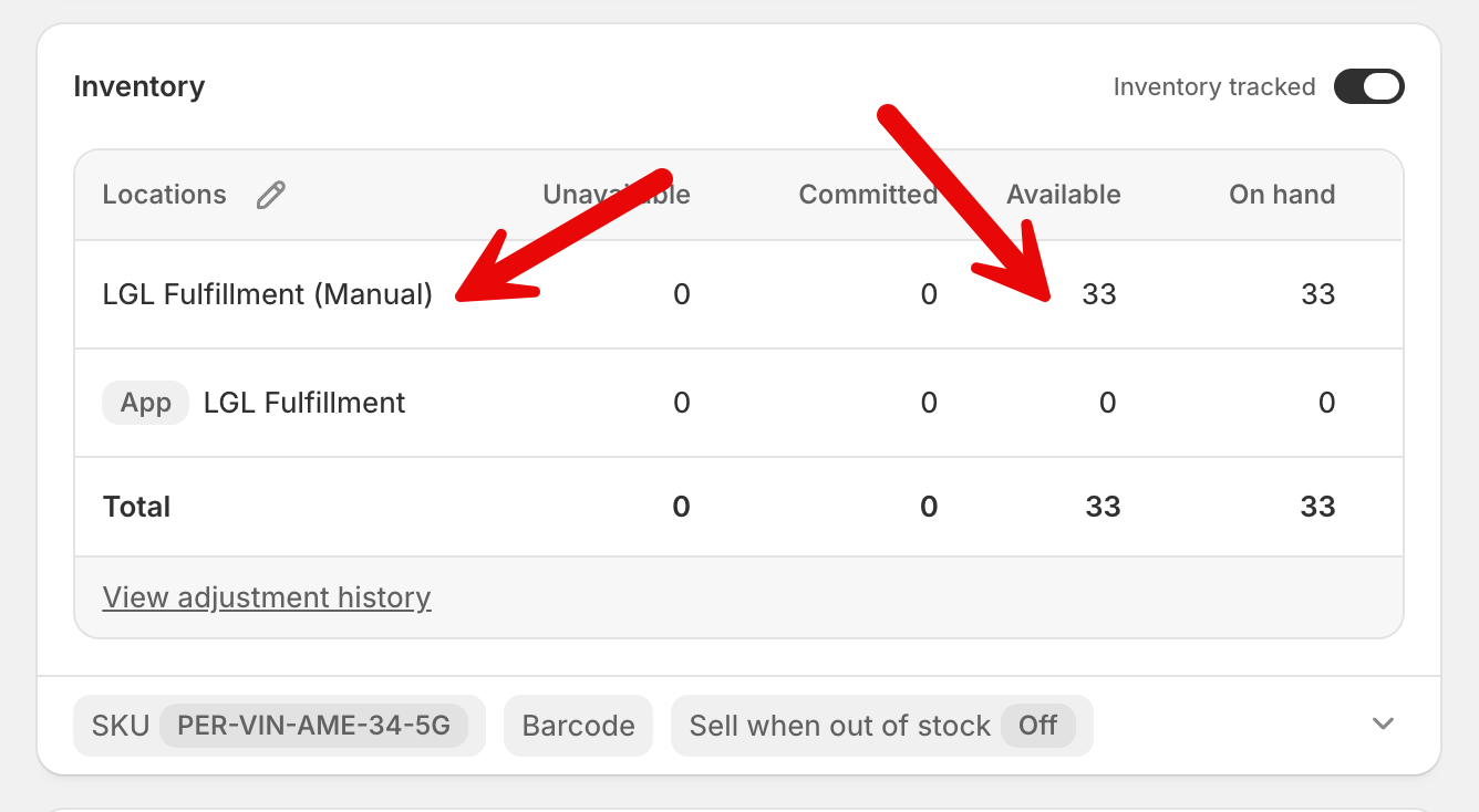 Product inventory at the LGL Fulfillment location, synced from our warehouse