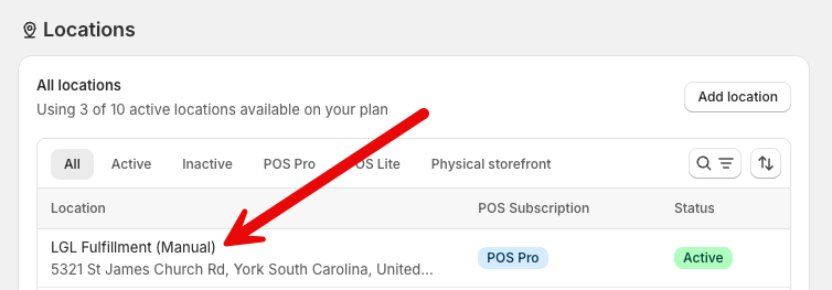The auto-created LGL Fulfillment location under Shopify Settings → Locations