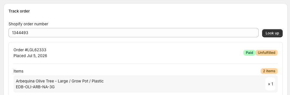 Looking up an order number shows its current status