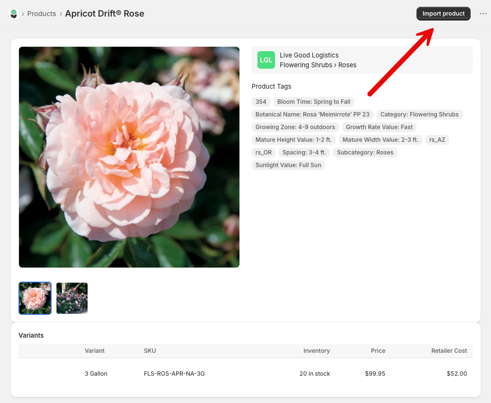 A product detail page showing variants, pricing, stock, and the Import product button